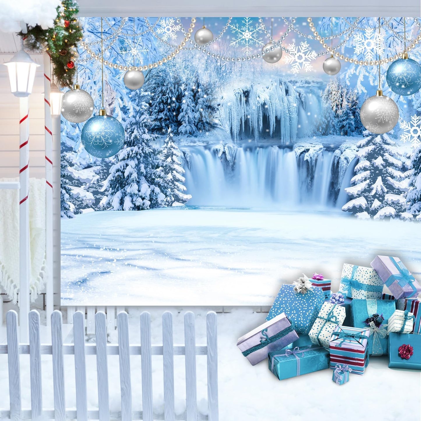 DUAIAI Frozen Winter Christmas Backdrop, Birthday Party Decorations Crystal Pendant Ice and Snow White World Wonderland