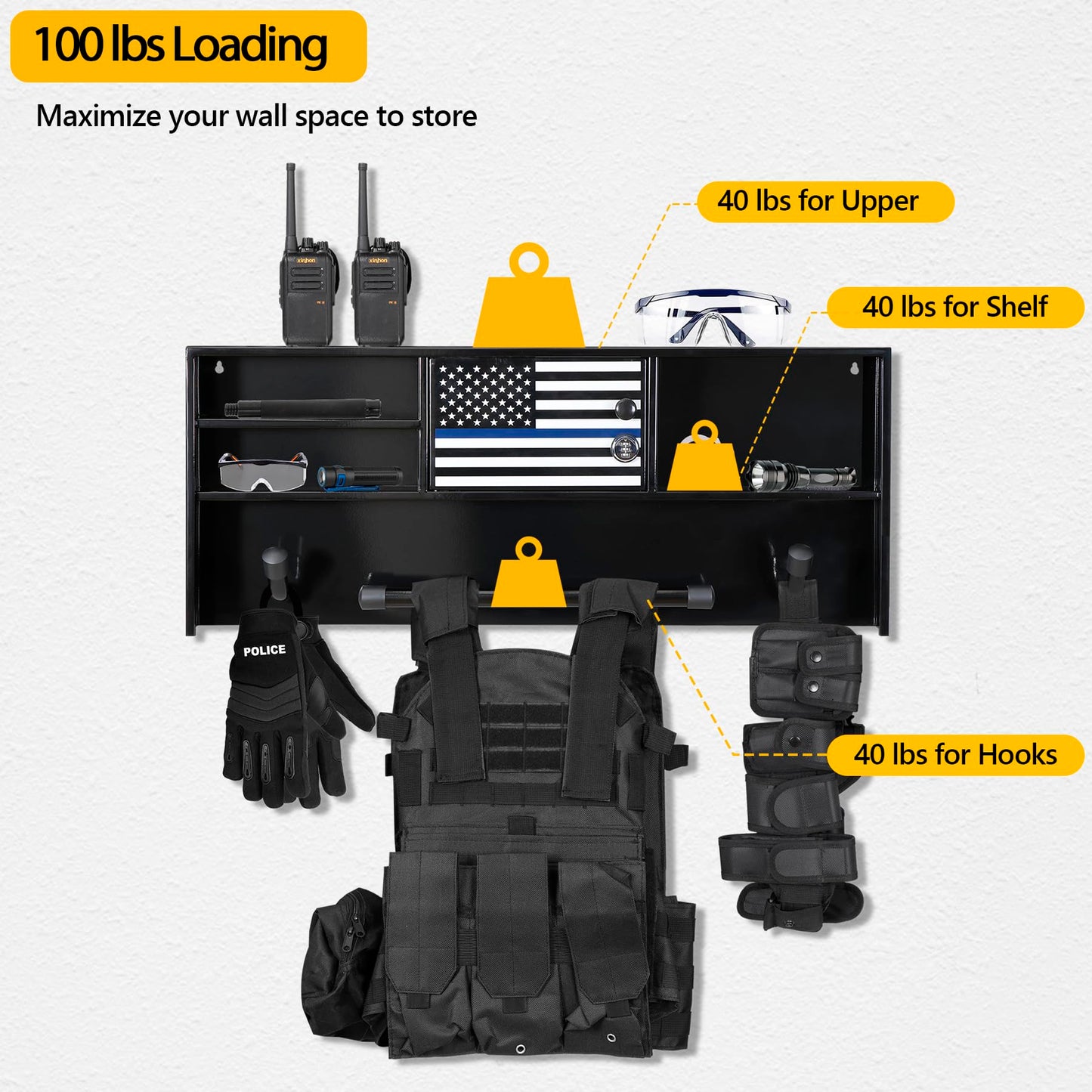 BUYYAH Wall Mounted Police Gear Rack, All Iron Frame with Gun Storage, Combination Lock, Tactical Duty Gear Rack for Home, Office, Police Gift Decor with Flag, Black