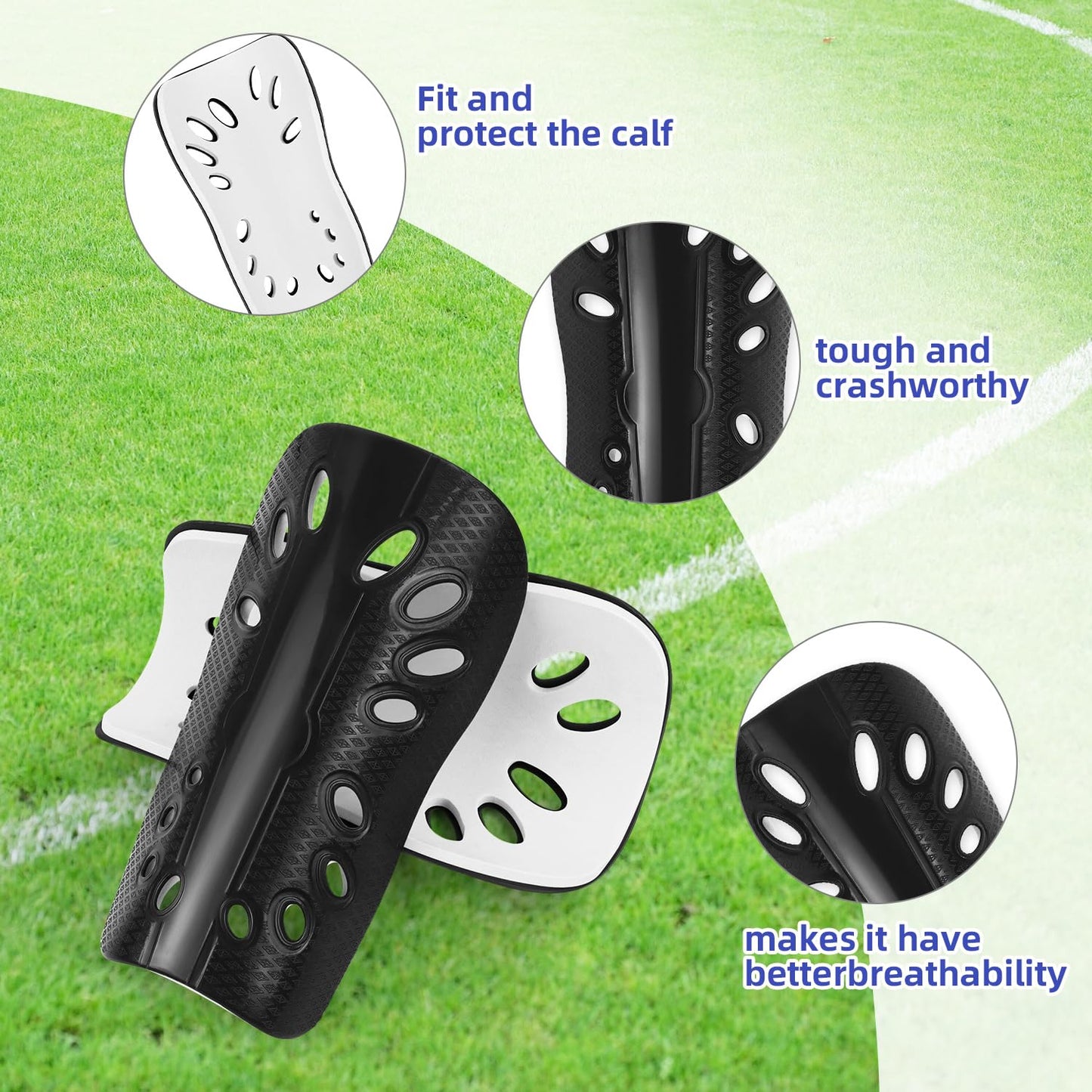 3 Pairs Soccer Shin Guards for Youth Adults, Breathable Shin Guard Sleeves Breathable Shin Guard Equipment for Football Games for Adults Football Player, Men Women-Black & White & Blue