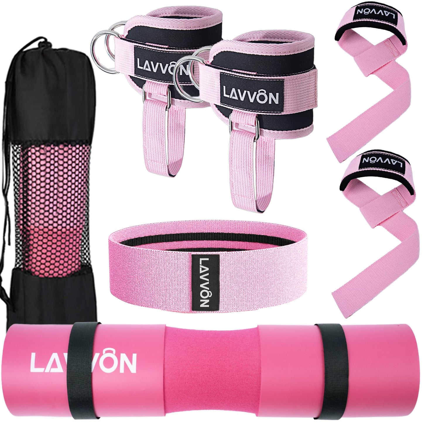 7Pcs-Barbell Pad Set for Hip Thrust - Squat Pad, Bench Press Workout Foam Weight Lifting Bar Cushion,Gym Accessories for Women with Bar Bad,with Gym Ankle Straps,Hip Resistance Bands,Lifting Strap (Pink)