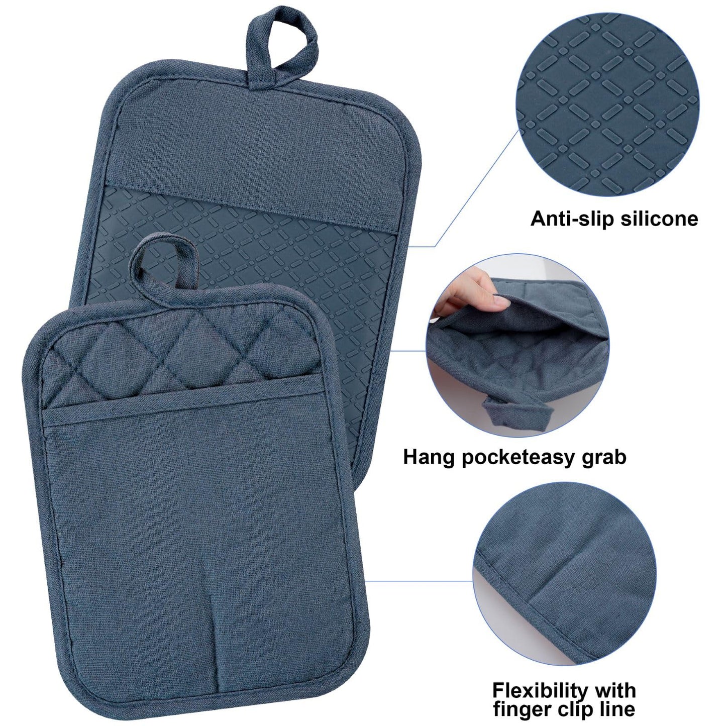 Oven Mitts and Pot Holders with Cooking Apron Set of 5, Heat Resistant Kitchen Gloves and Silicone Non-Slip Potholders, Adjustable Neck Buckle Chef Apron, Cotton Nice Design for Cooking （Navy…