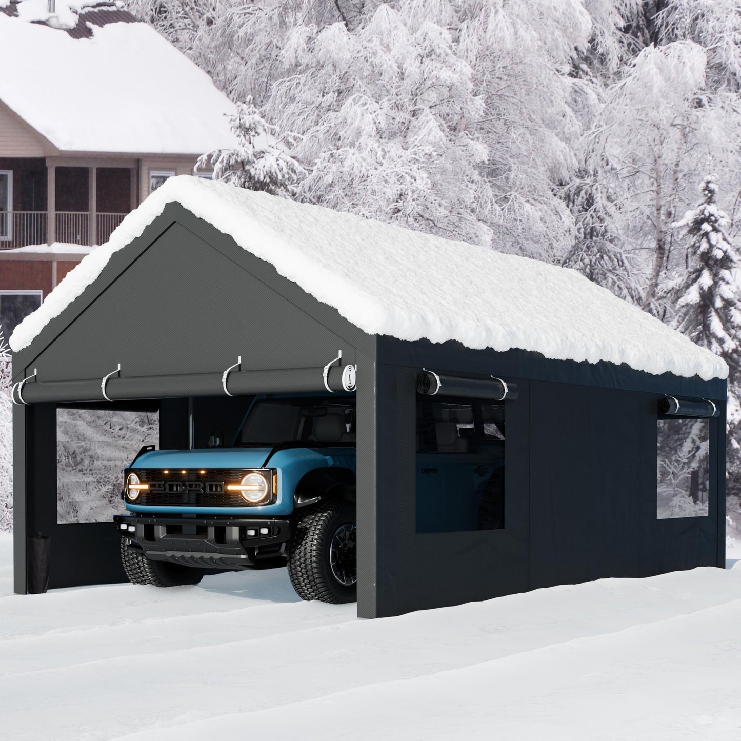 Nuturelly 10x20 FT Carport, Heavy Duty Carport Canopy with Roll-up Windows, Portable Garage with Removable Sidewalls & Doors, Car Canopy with All-Season PE Tarp for Car, Truck, Boat, Gray
