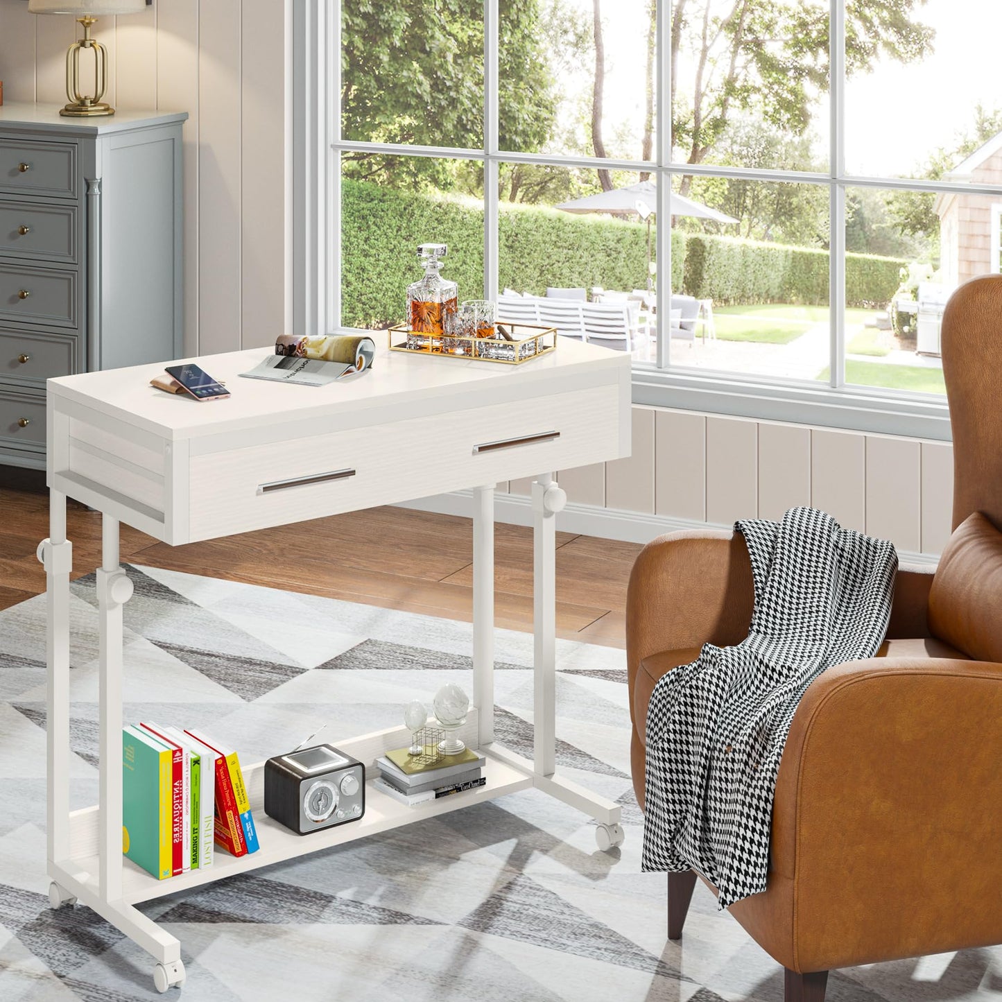 Tribesigns Portable Desk with Drawers, Mobile Laptop Desk with Wheels, Sofa Side Table Bed Desks, Small Standing Desk for Home Office (White)