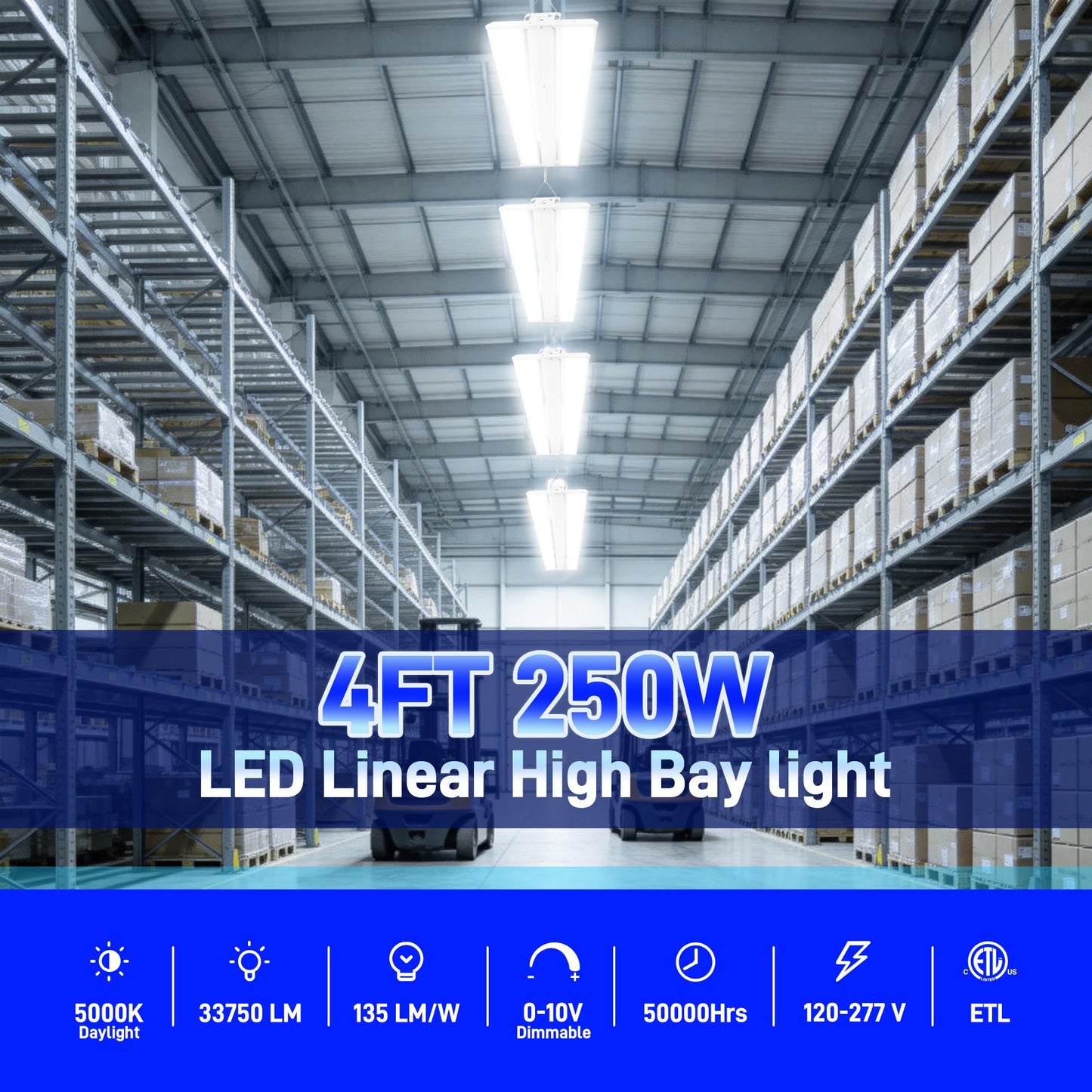 hykolity 2 Pack 4FT 250W LED Linear High Bay Shop Light, 33750lm 135LM/W, 120-277V, 0-10V Dimmable, 5000K Daylight Hanging Light for Warehouse Workshops, ETL