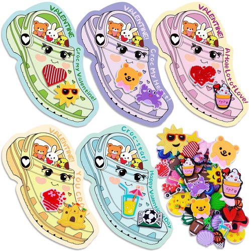 FloraSea Valentines Day Cards for Kids School Classroom, 30pcs Valentine's Cards with 60 Shoe Charms for Boys & Girls, Valentine Classroom Exchange Gift Party Favors