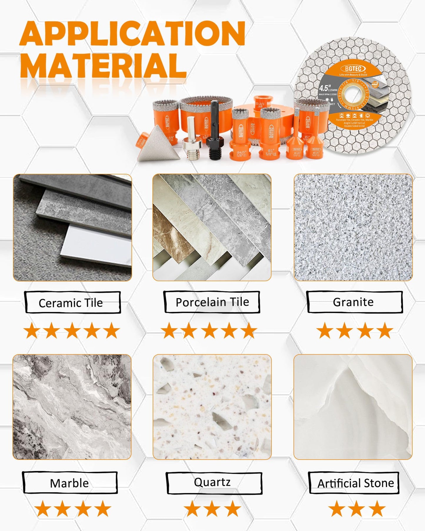 BGTEC Diamond Hole Saw Kit - 11PCS 6/6/20/25/35/50/75/100mm Drill Bits & 50mm Chamfering Bit & SDS/HEX & 115mm Tile Blade for Porcelain Tile Ceramic Granite Marble Stoneware