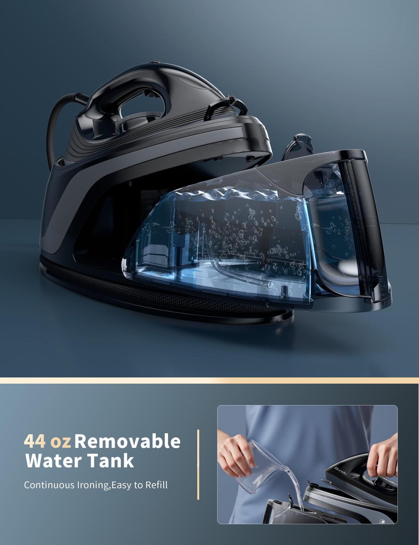 Sundu Pro Steam Station Iron for Clothes,1600W Professional Steam Iron with 44 oz Tank, 400 microsteam holes, Built-In Pump, Ceramic baseplate,Iron Lock For Easy Carry,Black
