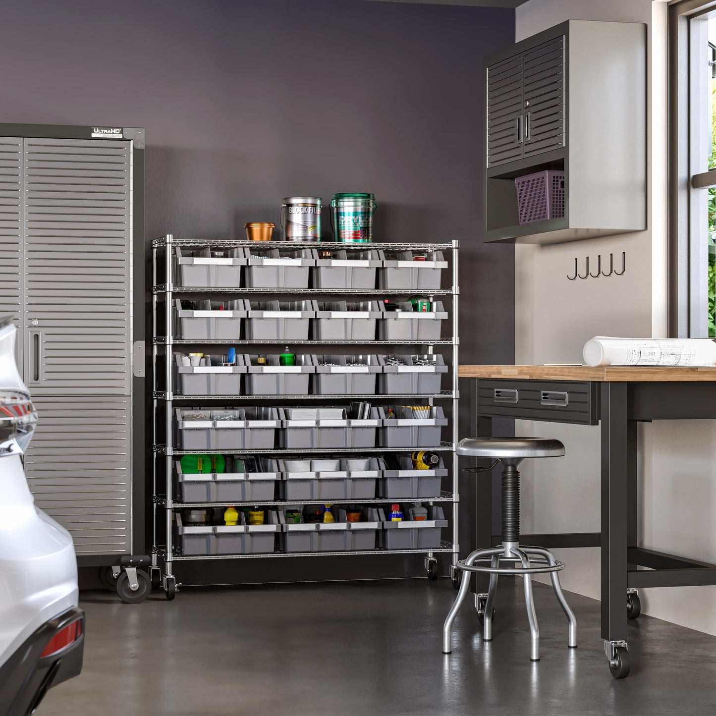 Seville Classics Heavy Duty NSF Bin Rack Solid Steel Wire Shelving Storage Unit, Patented Organizer for Garage, Warehouse, Office, Restaurant, Classroom, Kitchen, Gray, Includes 21 Bins