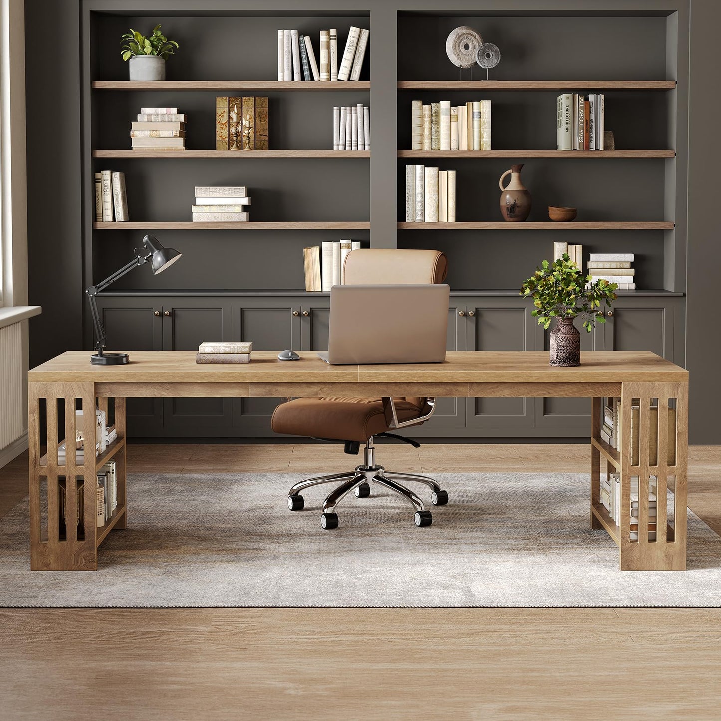 LITTLE TREE 78.7" Long Desk, 2 Person Desk with Shelves, Large Wooden Computer Desk, Heavy Duty Shelf Legs Design for Two Person Home Office, Business, Workstation, Natural (78.7" W x 23.6" D)