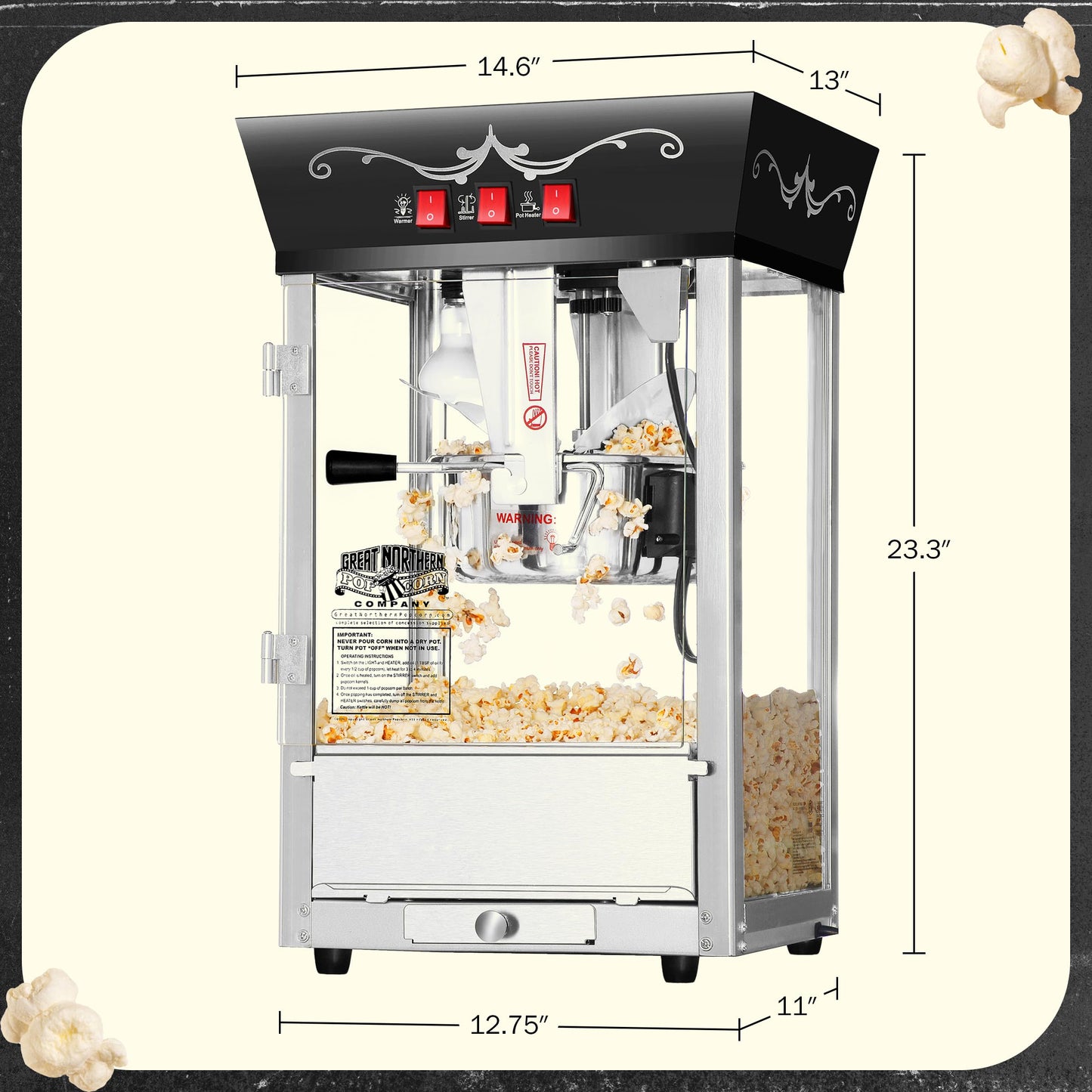 Matinee Popcorn Machine - 8oz Popper with Stainless-Steel Kettle, Reject Kernel Tray, Warming Light, and Accessories by Great Northern Popcorn (Black)