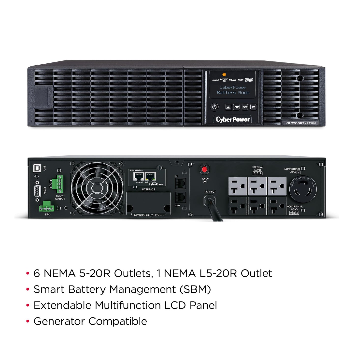 CyberPower OL2200RTXL2UN Smart App Online UPS Battery Backup and Surge Protector, 2200VA/1800W, 7 Outlets, 2U Rack/Tower, Pre-Installed RMCARD205, EBM Option, UL Certified
