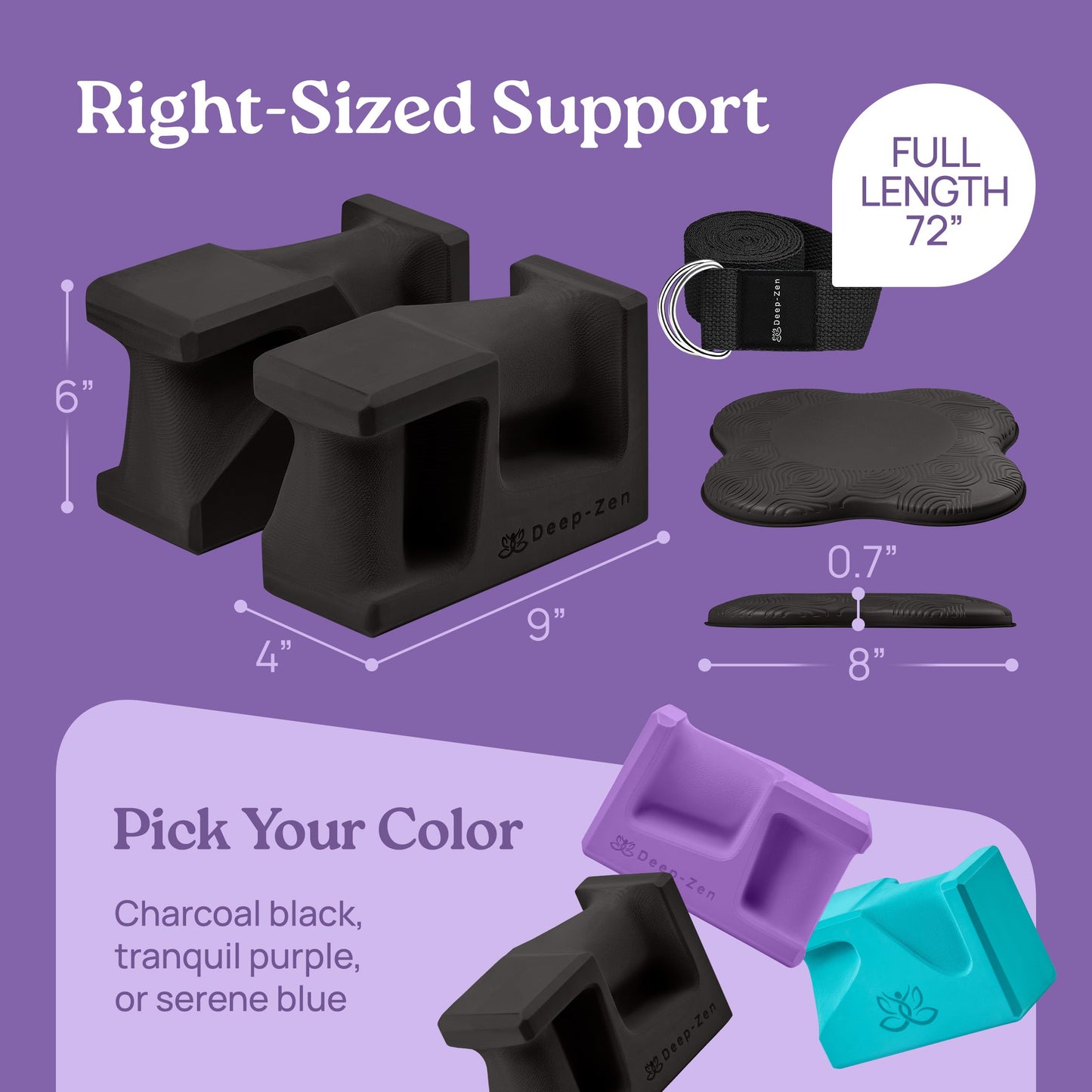 Deep-Zen PRO Yoga Blocks | Ergonomic Yoga Block 2 Pack for Wrist Comfort and Support | EVA Foam Exercise Blocks, 2x Knee Pads & Yoga Strap | Pilates Block Set | Bricks to Eliminate Wrist Pain, Black