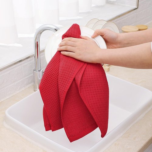 Homaxy Kitchen Dish Towels - 100% Cotton Waffle Weave, Ultra Soft & Absorbent, 13 x 28 Inches, 6-Pack, Red