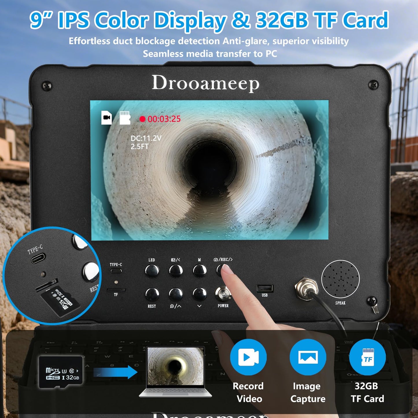 Drooameep Sewer Camera 100ft, Self Leveling Drain Camera, Plumbing Camera with 512Hz Sonde, Video & Voice Recorder, 3X Zoom, 9" Screen, 10000mAh, IP68, 32GB, 8 LED, for Drain Sewer Duct Plumbing