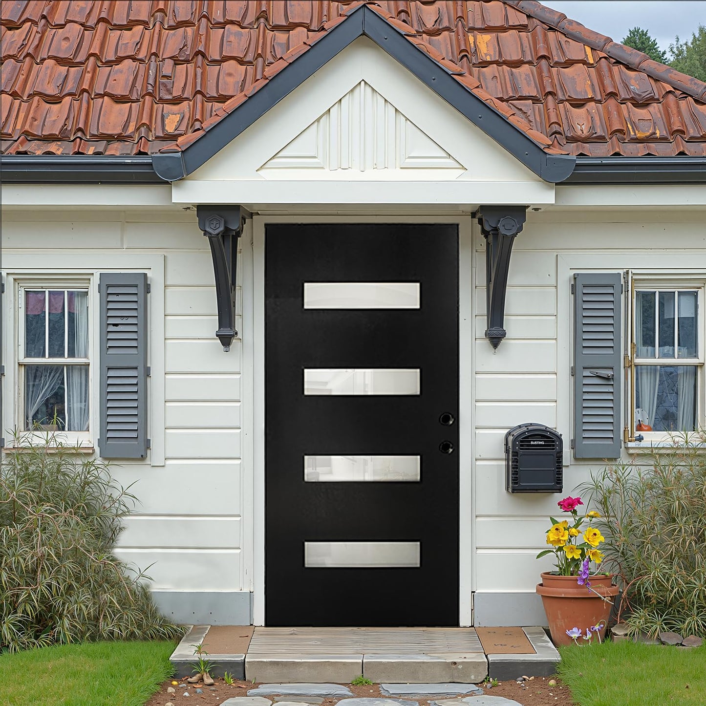 Casaphoria 36" x 80" Fiberglass Front Door with White 4-9/16" Vinyl Frame,Left Hand Inswing Exterior Door with Brickmould,Contemporary Wooden Grain Knock-Down Entry Door for Home Entrance, Black