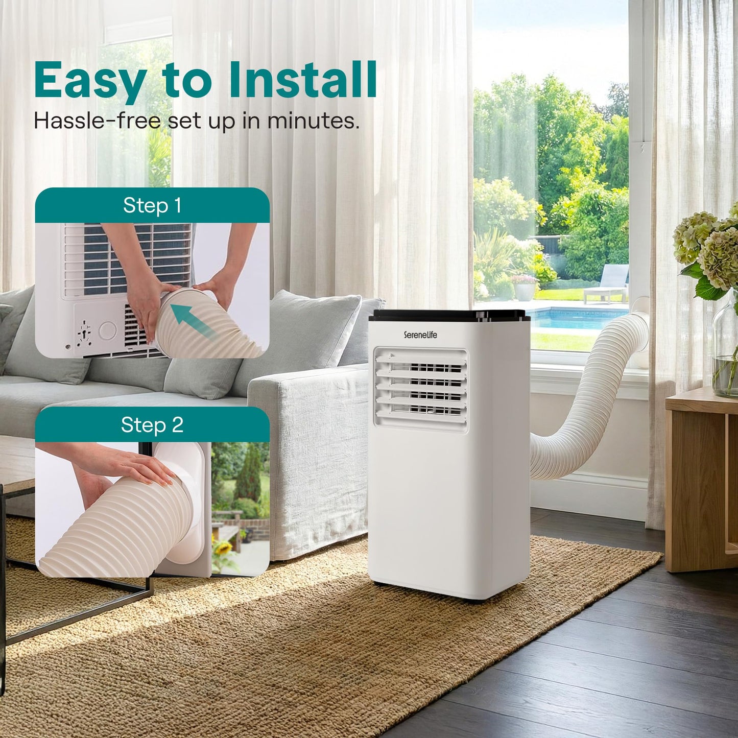 SereneLife 8000 BTU Portable Air Conditioner with Heat, Compact 4-in-1 Portable AC & Heater for Room Up to 350 Sq Ft with Dehumidifier & Fan Function, Remote Control, Window Mount Kit, 13" x 11" x 26"