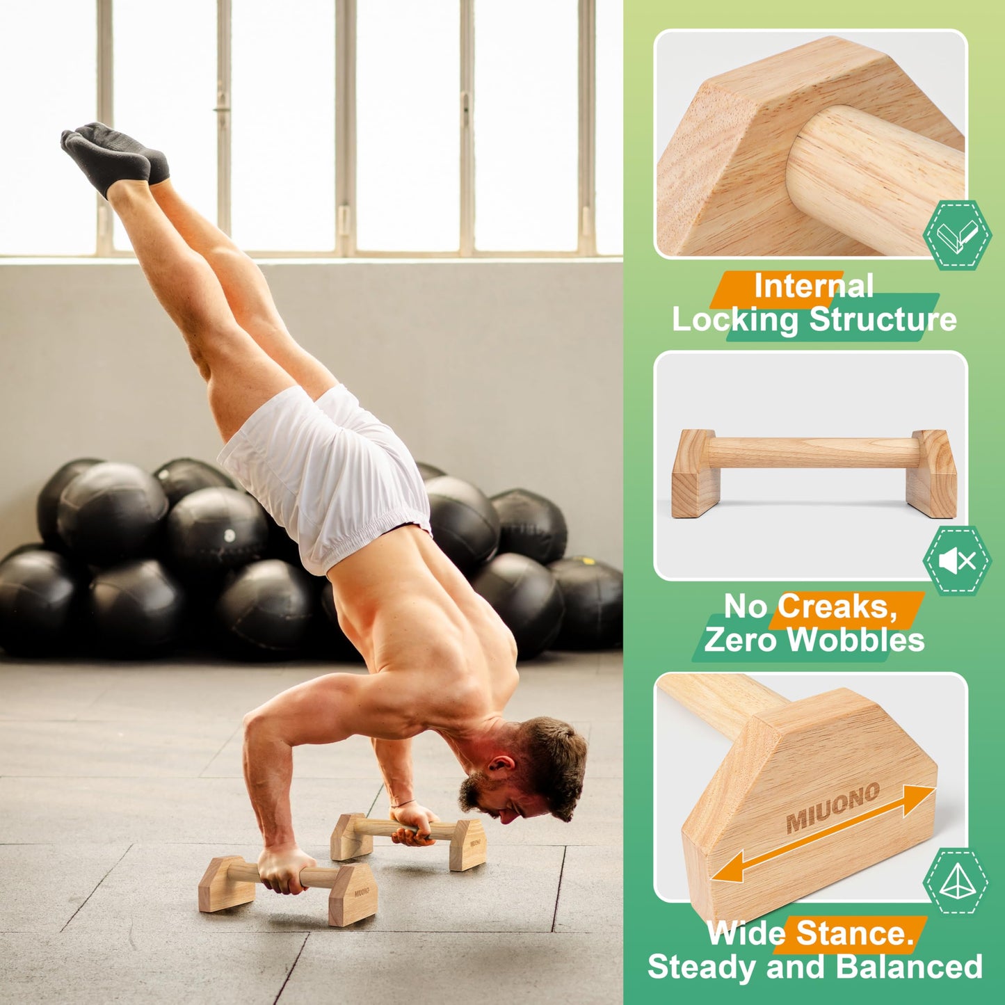 MIUONO Parallettes Push Up Bar, Oak Wood Calisthenics Equipment for Home Gym with Non-Slip Base, Handstand Trainer Push Up Handles for Floor Dip Workout and Strength Training
