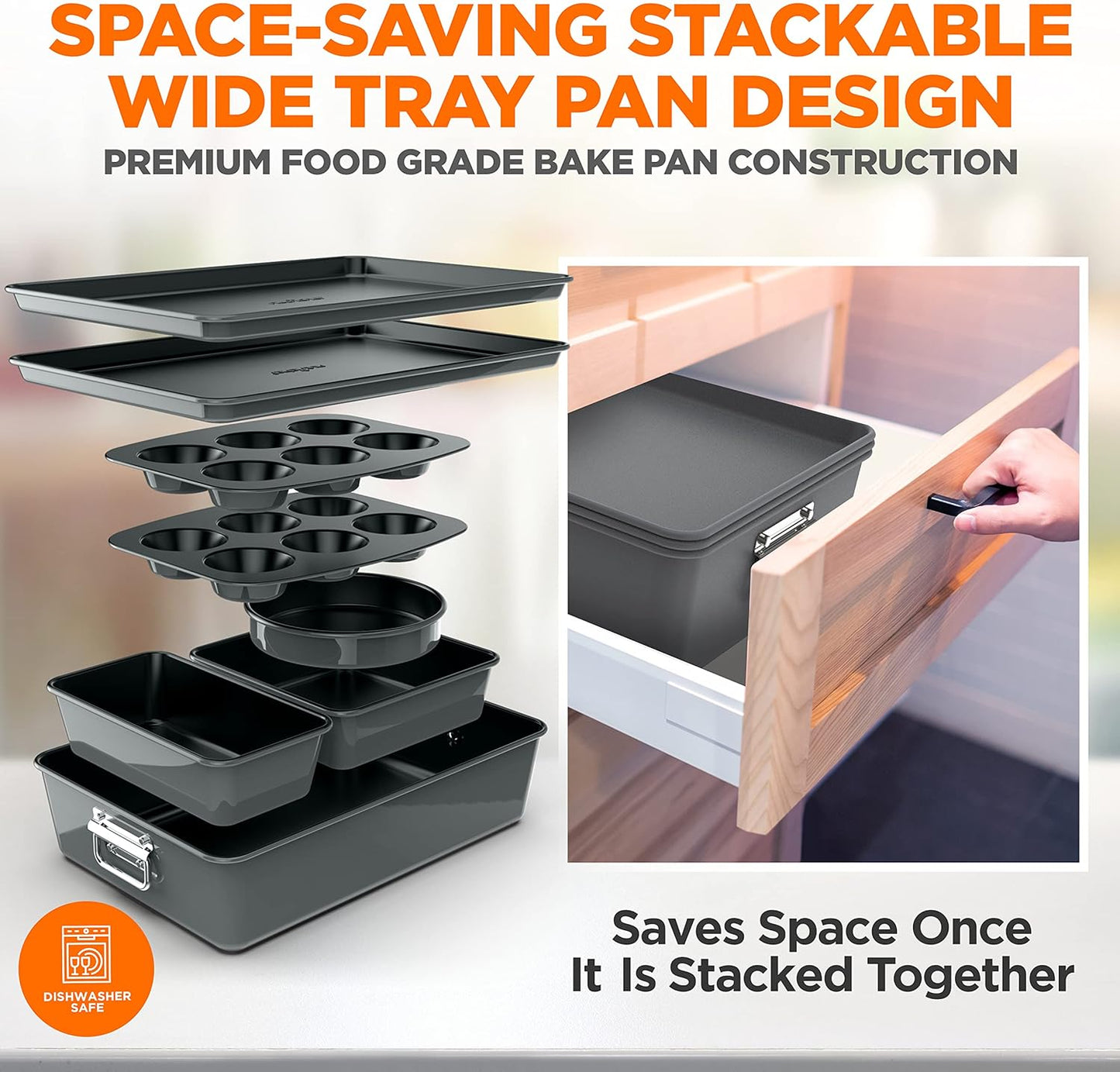 NutriChef 8-Piece Nonstick Bakeware Set - PFOA-Free Baking Pans, Oven Safe to 450°F, Gray