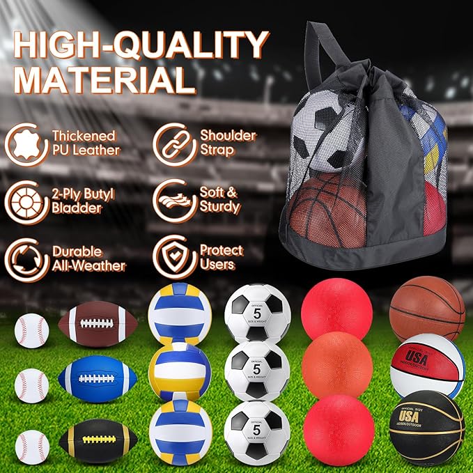 Leyndo 18 Pcs Sport Balls Bulk Set Basketball Football Volleyball Soccer Playground Baseball with Sport Equipment Bag Pump for Outdoor Indoor Practice Gift