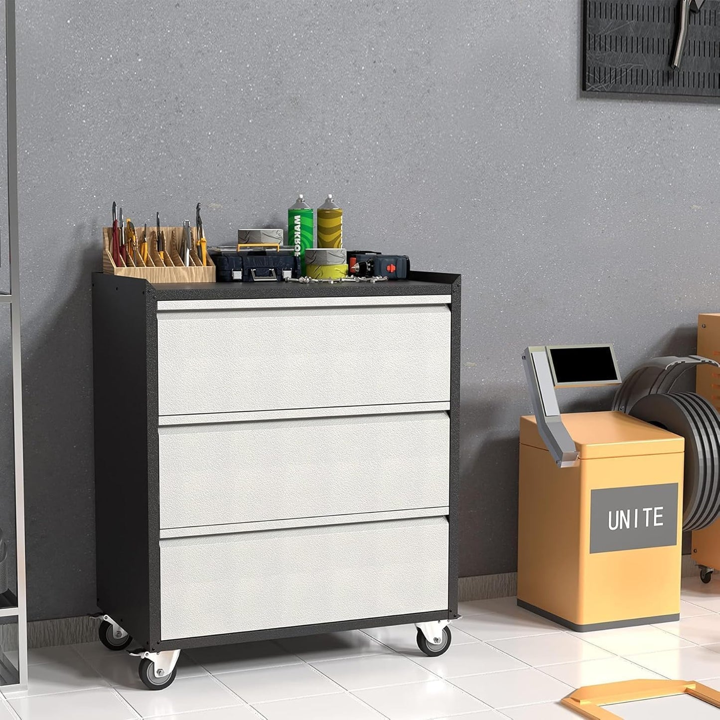 ExploreHorizon Metal Storage Cabinet with 3 Drawers on Wheels, Heavy Duty Rolling Tool Cart, Mobile Tool Chest for Garage, Workshop, Home, Office, Warehouse, Gray