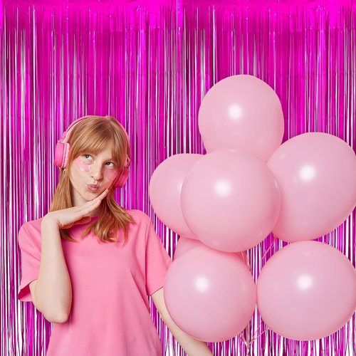GREATRIL Shiny Fuchsia Tinsel Foil Fringe Curtain - Hot Pink Party Streamers Backdrop - 3.2ft X 8.2ft | 2 Packs