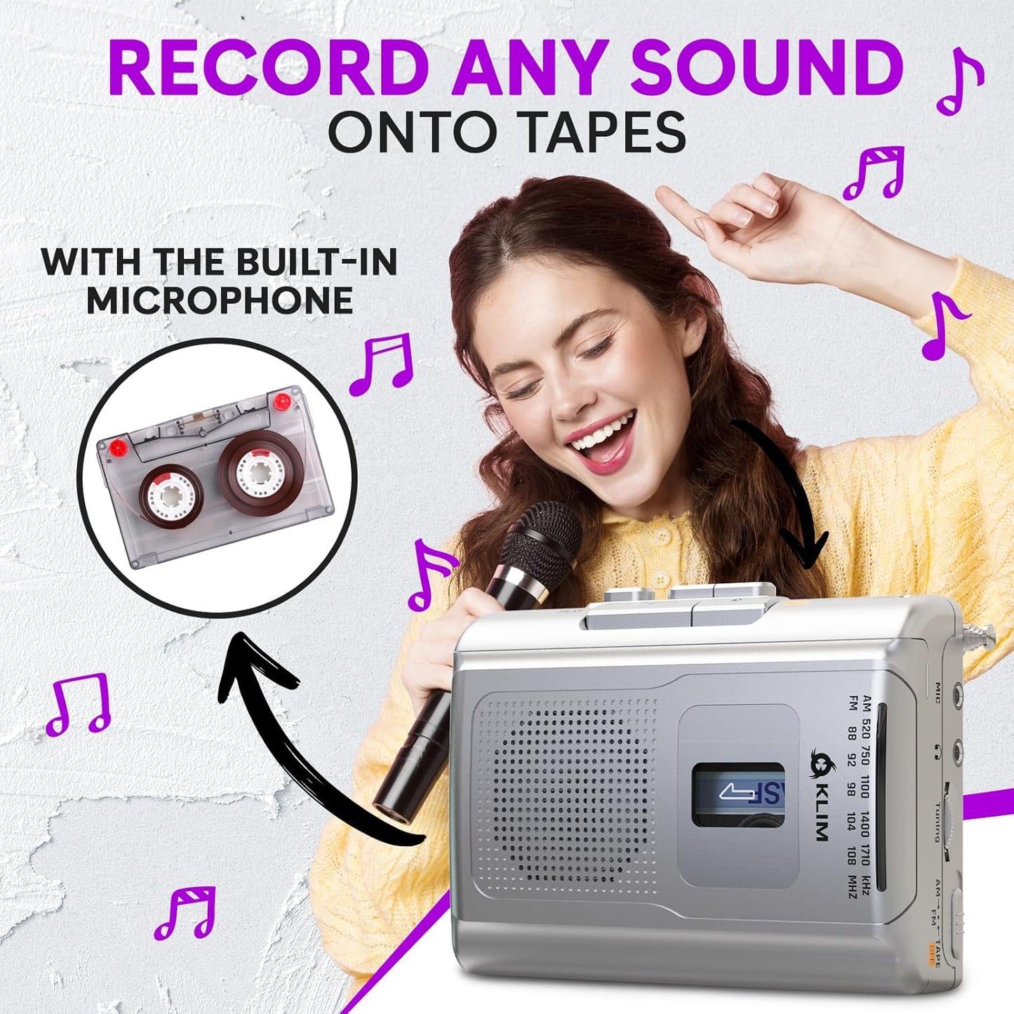KLIM K8 Cassette Cassette Tape Player Portable - Recorder - NEW Version - AM/FM - Built-in Microphone & Speaker