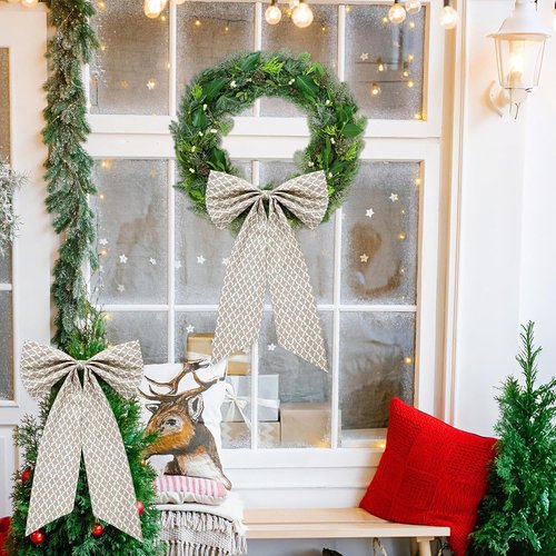 HunnmingRe Christmas Wreath Sash - 24 x 16 Inch Driftwood Block Print with Burlap Bow | Beige Holiday Decor