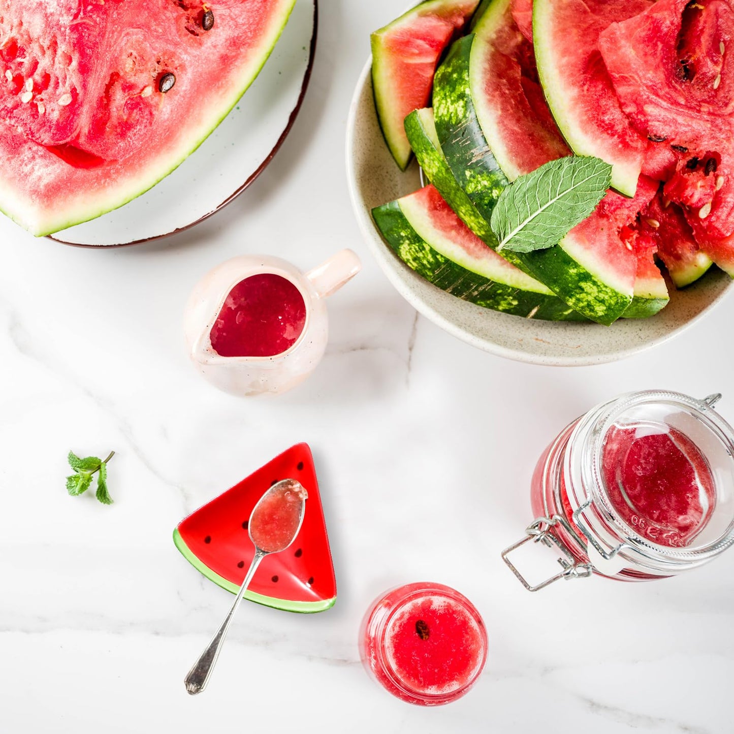 Whaline 4Pcs 2.4inch Watermelon Mini Ceramic Spoon Rest Red Green Watermelon Fruit Small Coffee Spoon Holder for Summer Home Coffee Station Bar Accessories