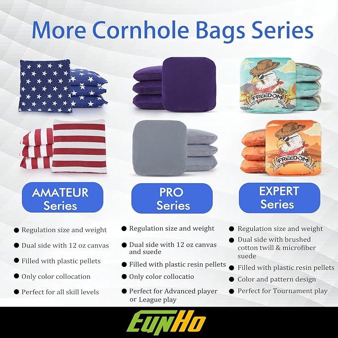 EunHo Dual Sided Cornhole Bags Regulation Set of 8 Professional Cornhole Bean Bags Slick and Stick for Tossing Game-All Weather