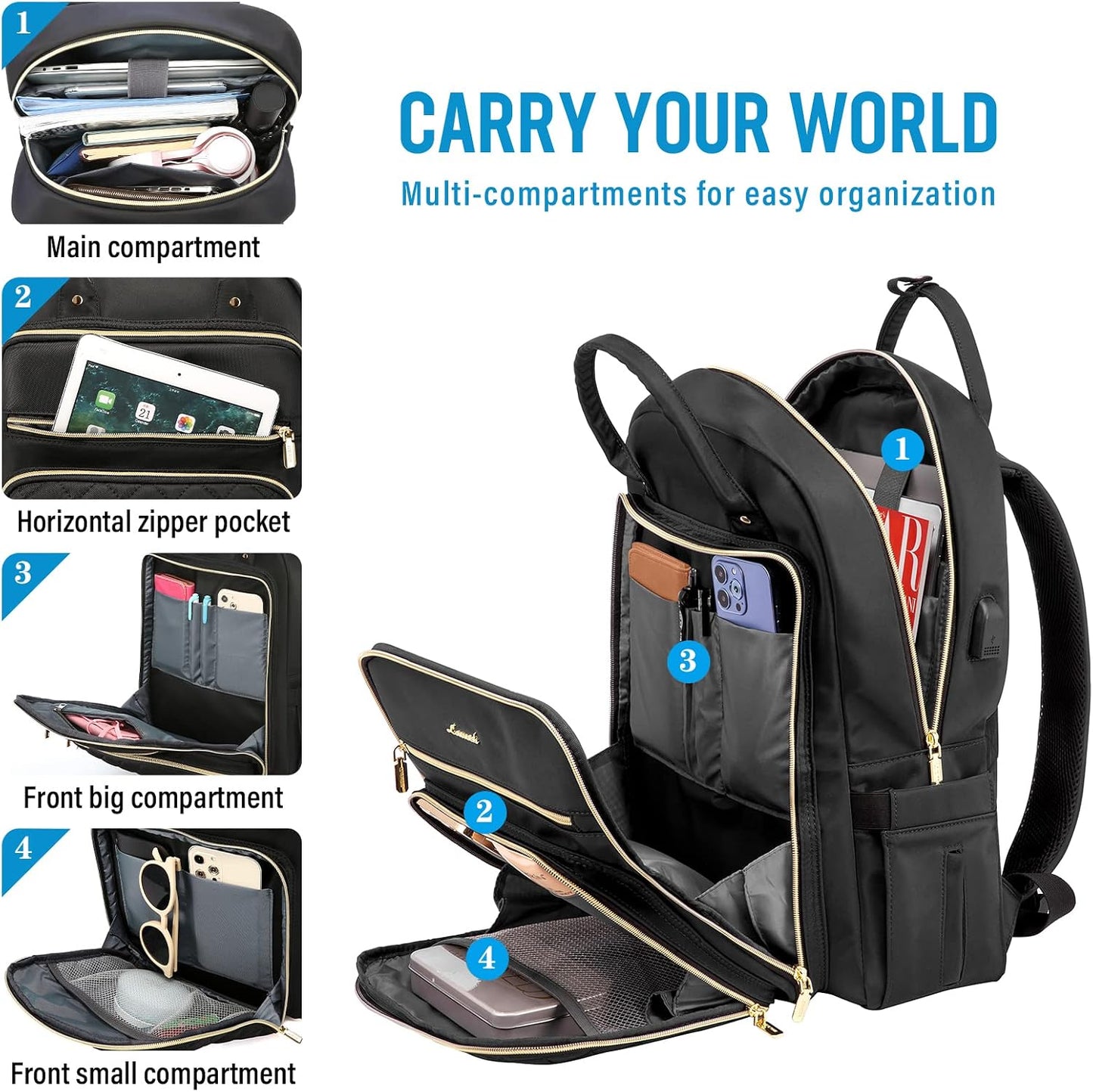 Backpack Backpacks 15.6" LOVEVOOK Laptop for Women, Water Resistant Travel Work Black Purse Business Teacher Nurse
