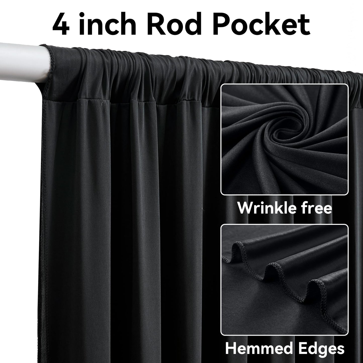 10 Panels 5x12ft Wrinkle Free Black Backdrop Curtains for Parties, Polyester Photo Backdrop Drapes 12 ft Long Back Drop Cloth for Wedding Birthday Photography Background, 50ftx12ft