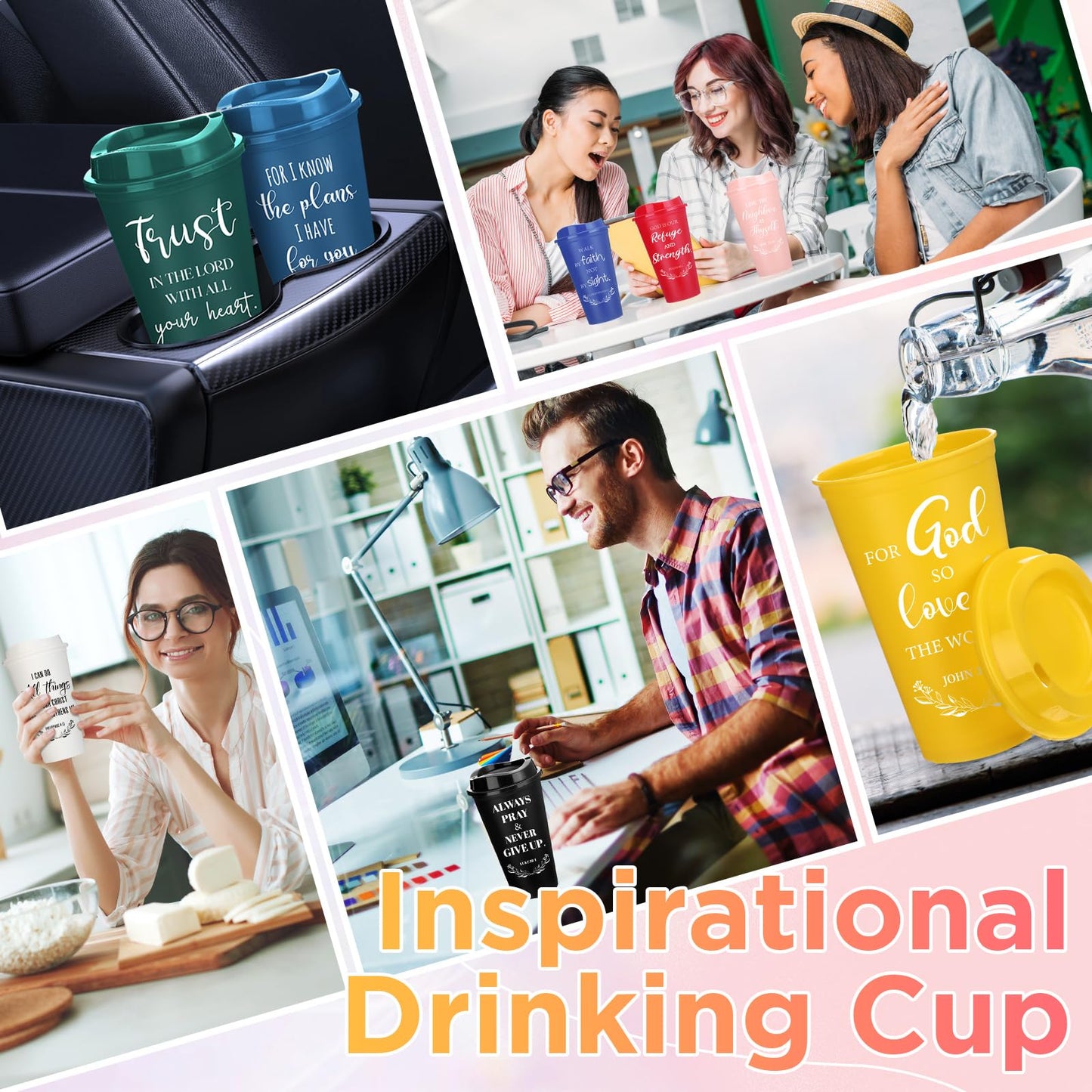 Skylety 20 Pack Christian Gifts for Men Women 16oz Reusable Bible Verse Tumbler Bulk Plastic Coffee Cup with Lid Inspirational Religious Church Gift for Mother Father Birthday (Multicolor)
