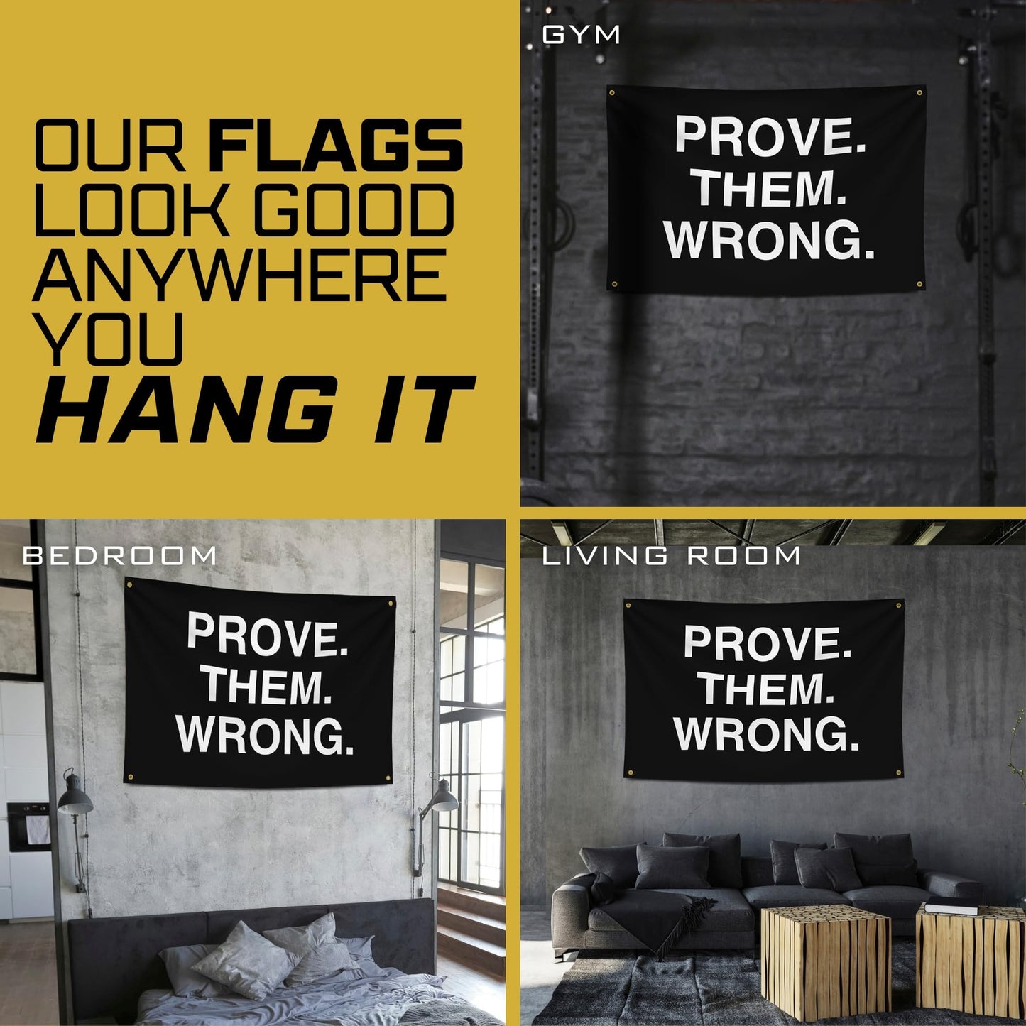 Gold Trident Flags Prove Them Wrong Motivational Gym Banner – Discipline Poster for Gym, Dorm, Home Workout Space – Cool Fitness Wall Decor – Durable Polyester, Double Stitched Flag – 3x5 Feet