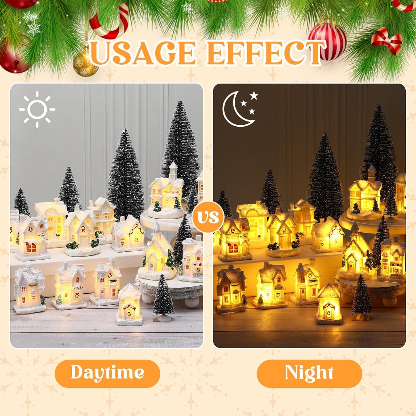 Vinsot 26 Pcs Resin Winter Miniature Village Set - Light Up LED Houses & Pine Trees for Holiday Decor