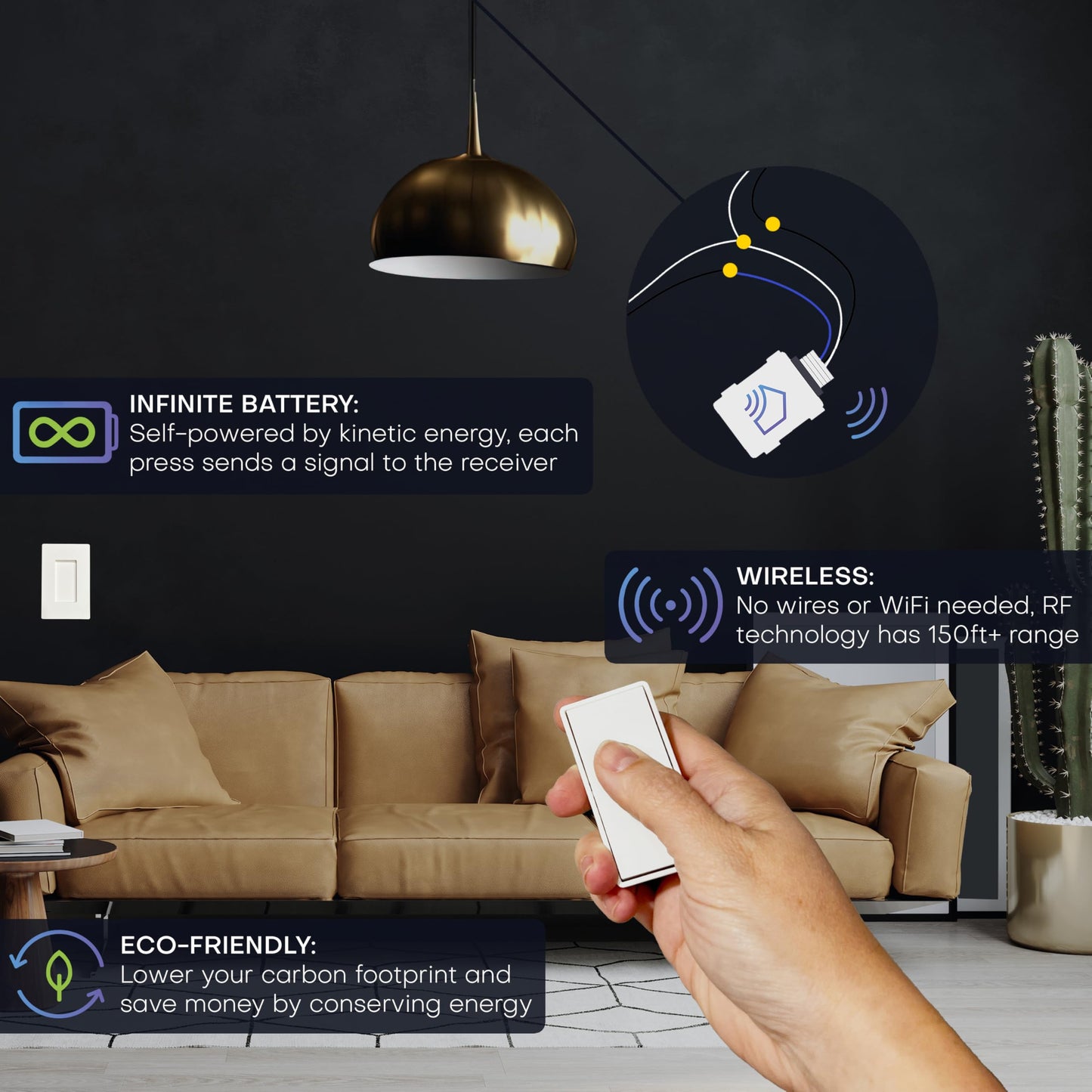 RunLessWire 3-Way Detachable Battery-Free Wireless Light Switch Kit 150ft RF Range for DIY Home Electrical Projects: 2 Removable Magnetic Remote Switches Control 1 5A On/Off Receiver - White