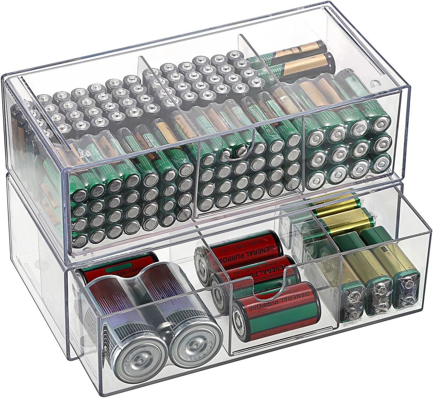 2 Pack 9V, 2-Drawer Common BTSKY Clear Acrylic Battery Storage Organizer for AA, AAA, C, D Batteries, Storage Box
