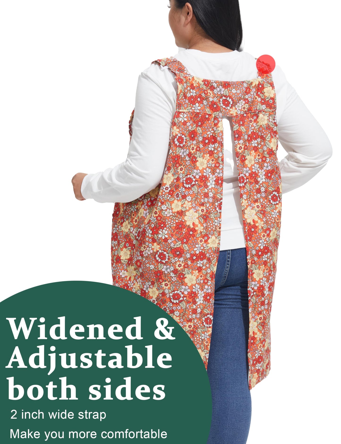 APRONNER No Ties Plus Size Aprons for Women with Pockets Cotton Linen Baking Kitchen Cooking Red Floral