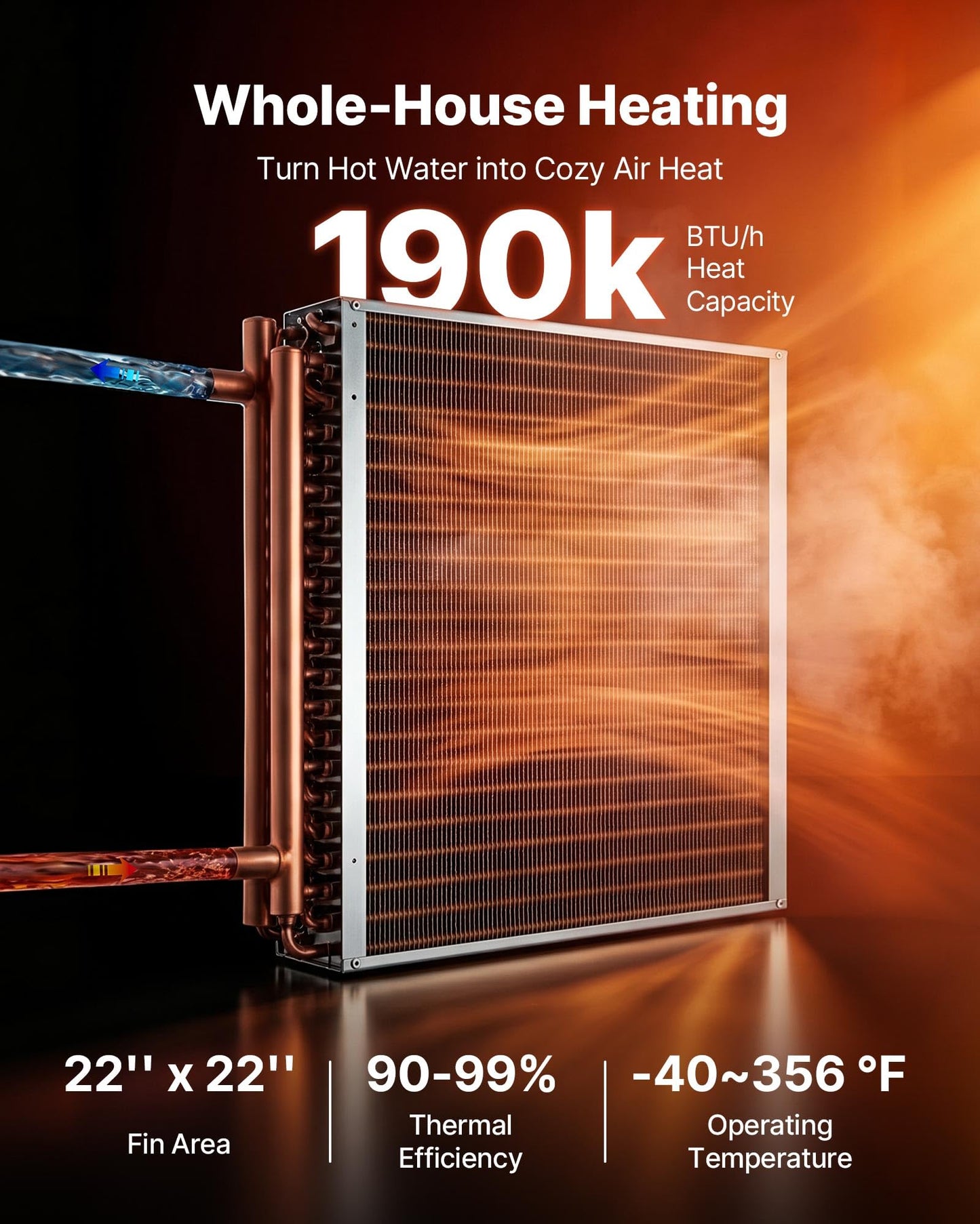 VEVOR Water to Air Heat Exchanger, 22 x 22 in Finned Tube HVAC Heat Exchanger Coil with Copper Tubes & Aluminum Fins, 190K BTU Output for Outdoor Wood Furnace, Hydronic Heating & Cooling Systems