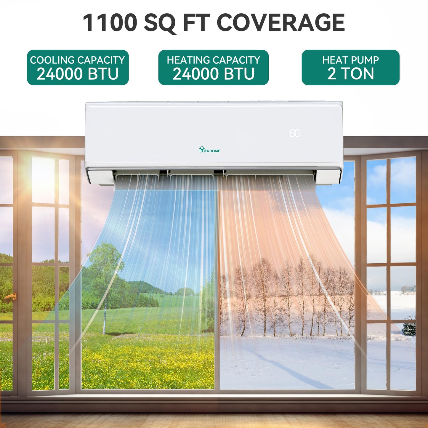 YITAHOME 23 SEER2 24K BTU 2 Zone Mini Split AC/Heating System, 12000 12000 BTU Dual Zone Mini Split Air Conditioner, 208-230V Pre-charged Inverter AC, Compatible with Wi-Fi&Alexa