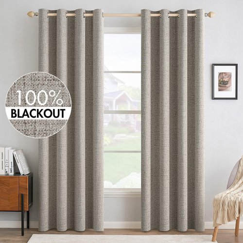 MIULEE Blackout Linen Curtains - 100% Thermal Insulated Room Darkening Draperies | Greige, 52x96 Inch (2 Panels)