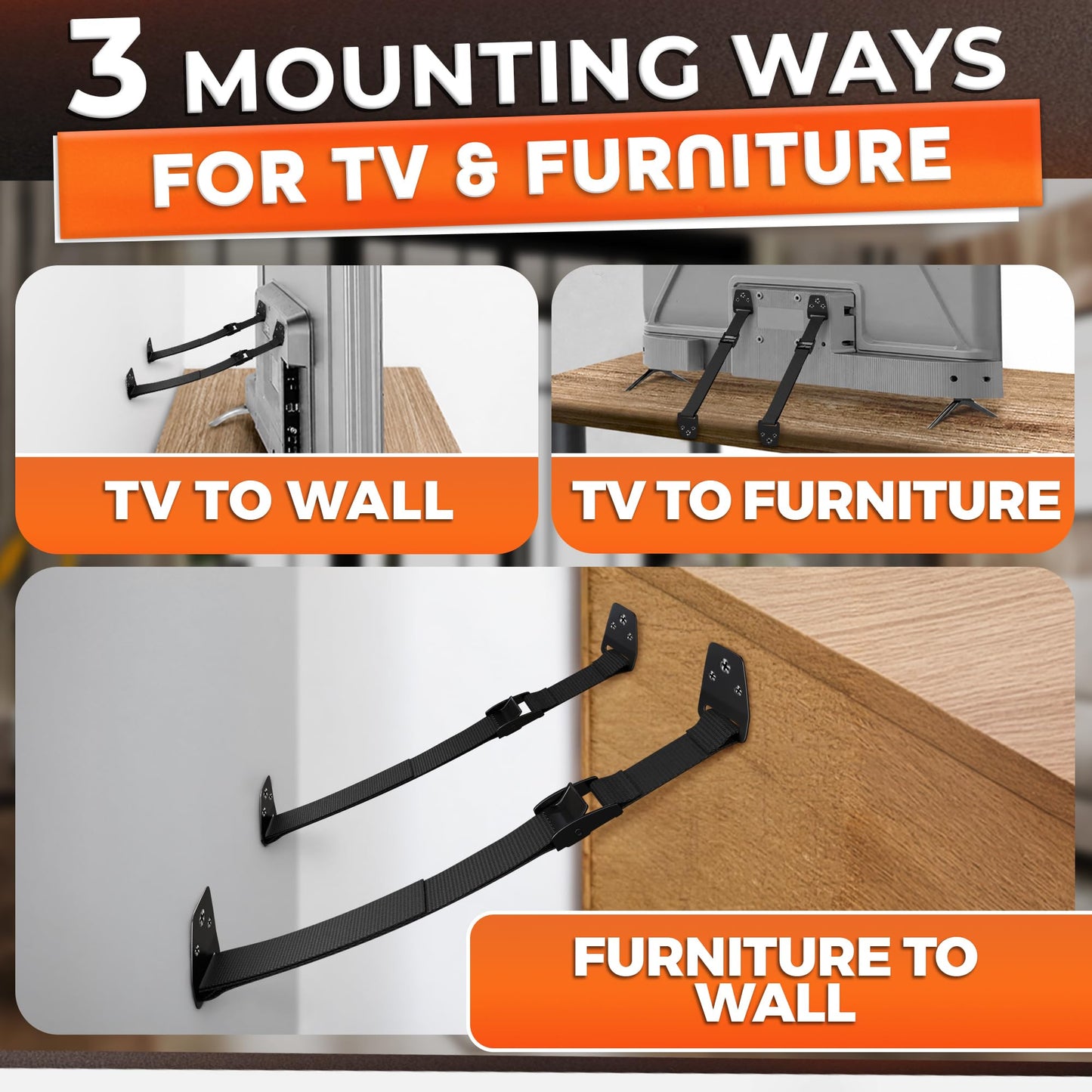 TV Straps Safety for Flat Screen - Anti-Tip TV Safety Straps for Furniture Anchoring, Easy to Setup and Hold-Up to 330 lbs, Adjustable 19"-39" Length Flexible Nylon, Wear-Resistant
