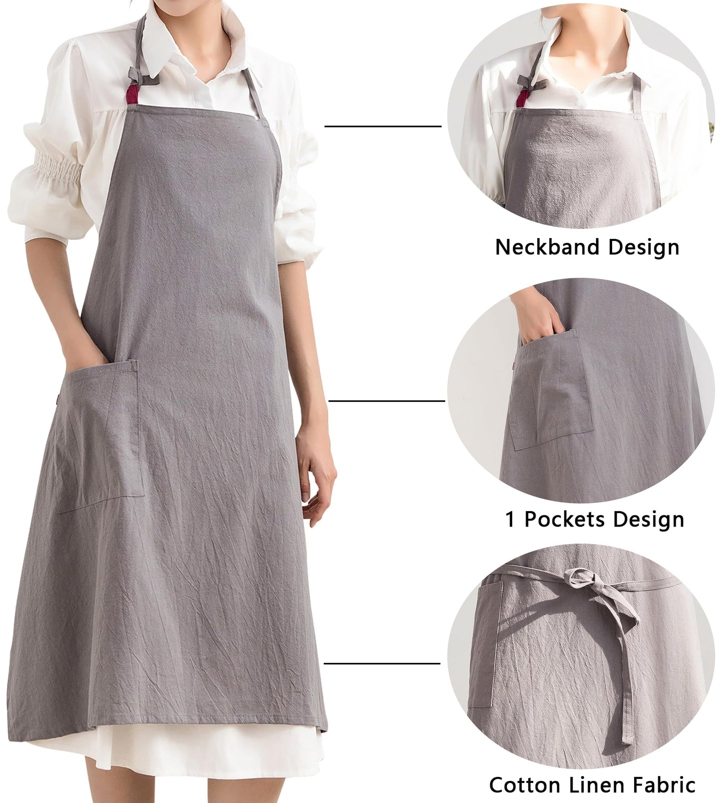 KITCHIEF Cotton Linen Pinafore Apron Dress for Women with Pockets Cute Chef Aprons Halter Apron for Kitchen Baking Painting (Gray)