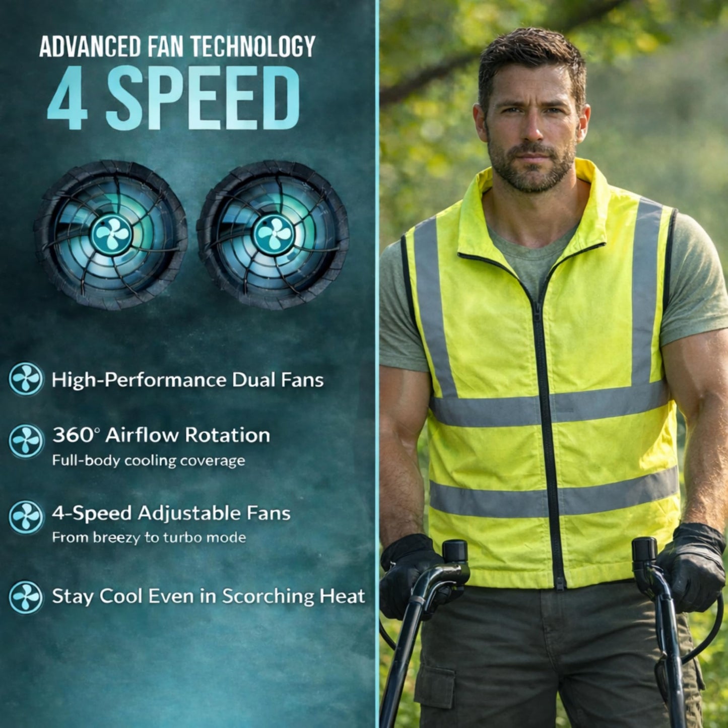 POLAR QUEST SHOP Hi-Vis Cooling Fan Safety Vest (Titanium Coated) | Reflective Work Vest with Fans & Battery, UV Protection, Water-Resistant Outdoor Work