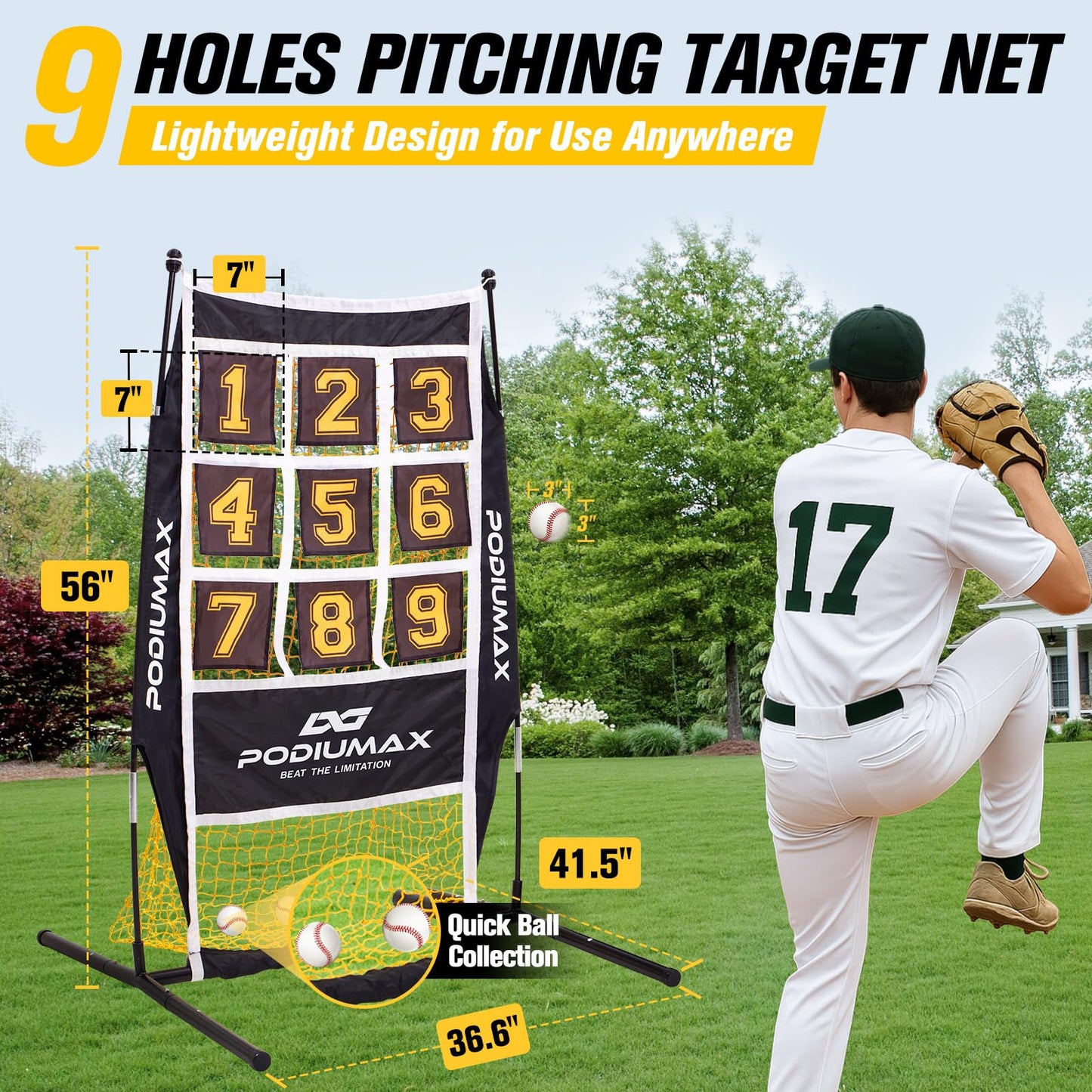 PodiuMax Baseball & Softball Pitching Net, 9 Hole Target Net with Strike Zone, Large Ball Collection System, Solo Practice for Backyard Park Field, Portable Baseball Throwing Trainer with Carry Bag
