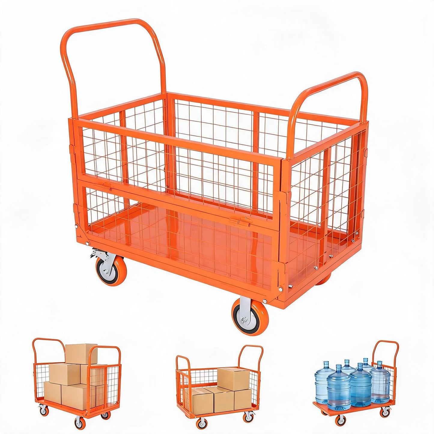 6-in-1 Folding Flatbed Dolly, 1800lbs Heavy Duty Platform Cart with Removable Mesh Sides, Orange Red Lockable Swivel Casters, Smooth Rolling for Hardwood Carpet, Easy Assembly for Garage Warehouse