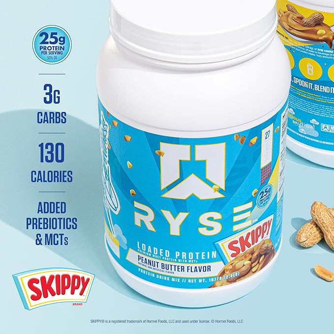 RYSE Loaded Protein Powder - Skippy Peanut Butter - 25g Whey Protein Isolate & Concentrate with Prebiotic Fiber & MCTs - Low Carb, Low Sugar, Digestive-Friendly - 20 Servings / 1.5 lb Tub