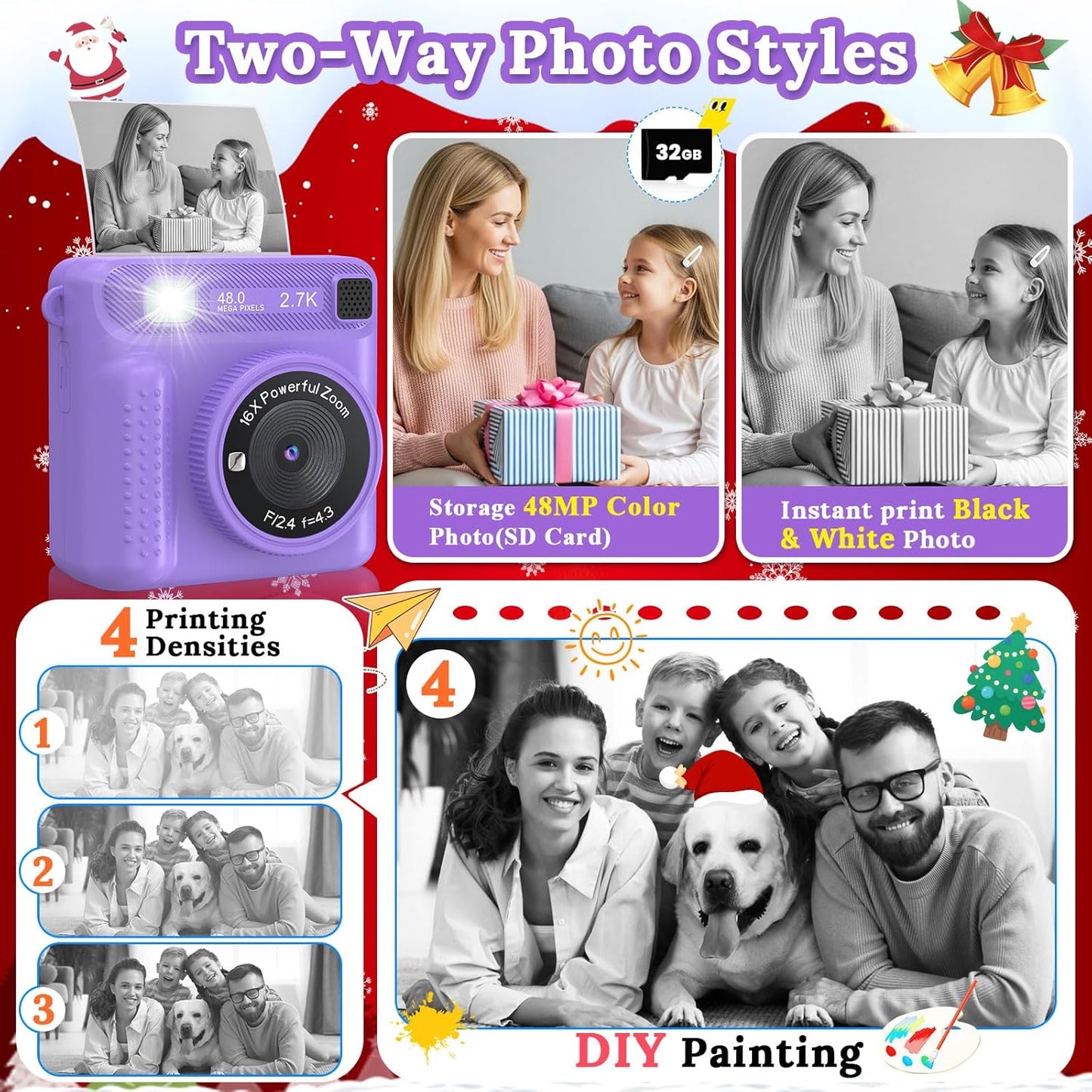 JPVERLY 1080P 32GB 3-12 Kids Camera Instant Print, HD Digital Video Recorder with SD Card, Christmas Birthday Gifts