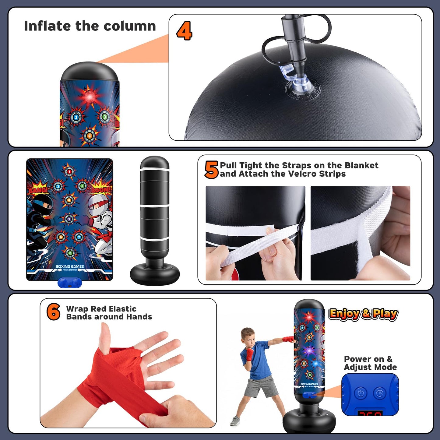 Kids Inflatable Punching Bag Toys: 4 Modes Interactive Boxing Game Stand Set with Music LED Lights Air Pump - Christmas Birthday Gifts Sports Play for Boys Girls Ages 6 7 8 9 10 11 12 Year Old