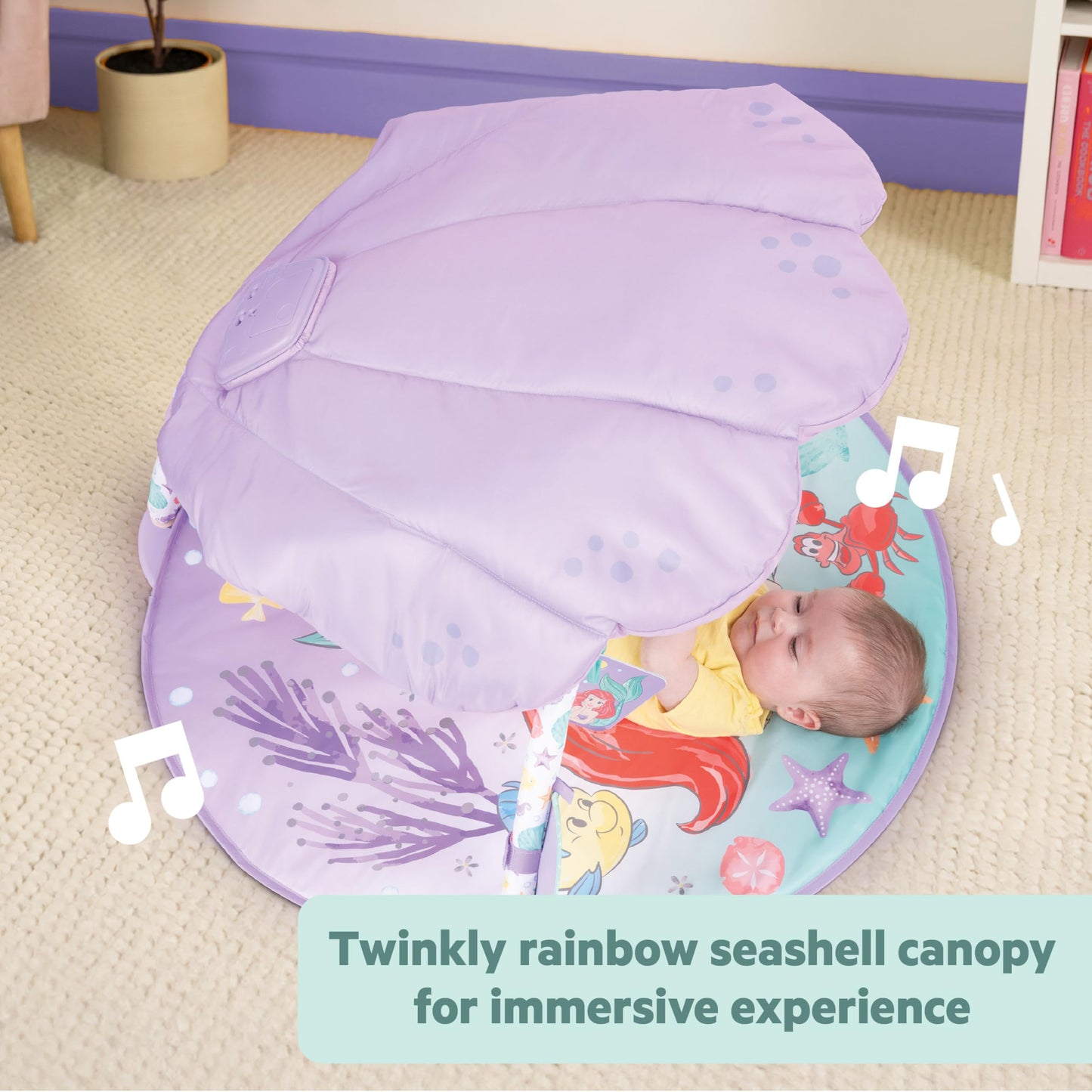 Bright Starts Disney Baby The Little Mermaid Twinkle Trove Light-Up Musical Baby Activity Gym with Tummy Time Pillow, Newborn+
