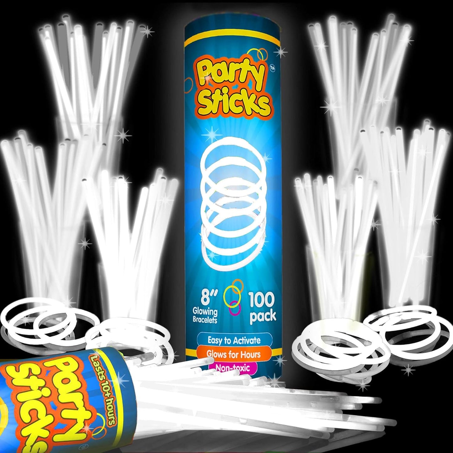 PartySticks White Glow Sticks - 100 Pack | 8-Inch Glow In The Dark Party Favors & Decorations